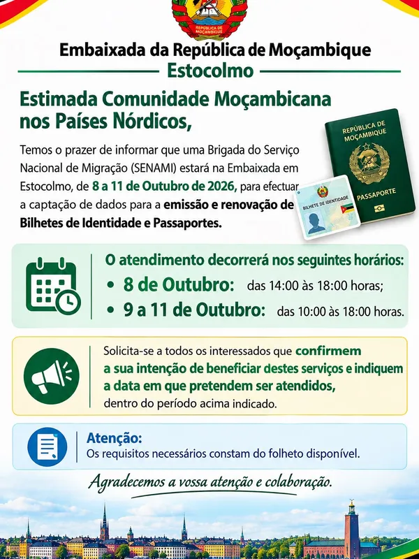 Cartaz: Brigada do SENAMI na Embaixada em Estocolmo, 8 a 11 de Outubro de 2026