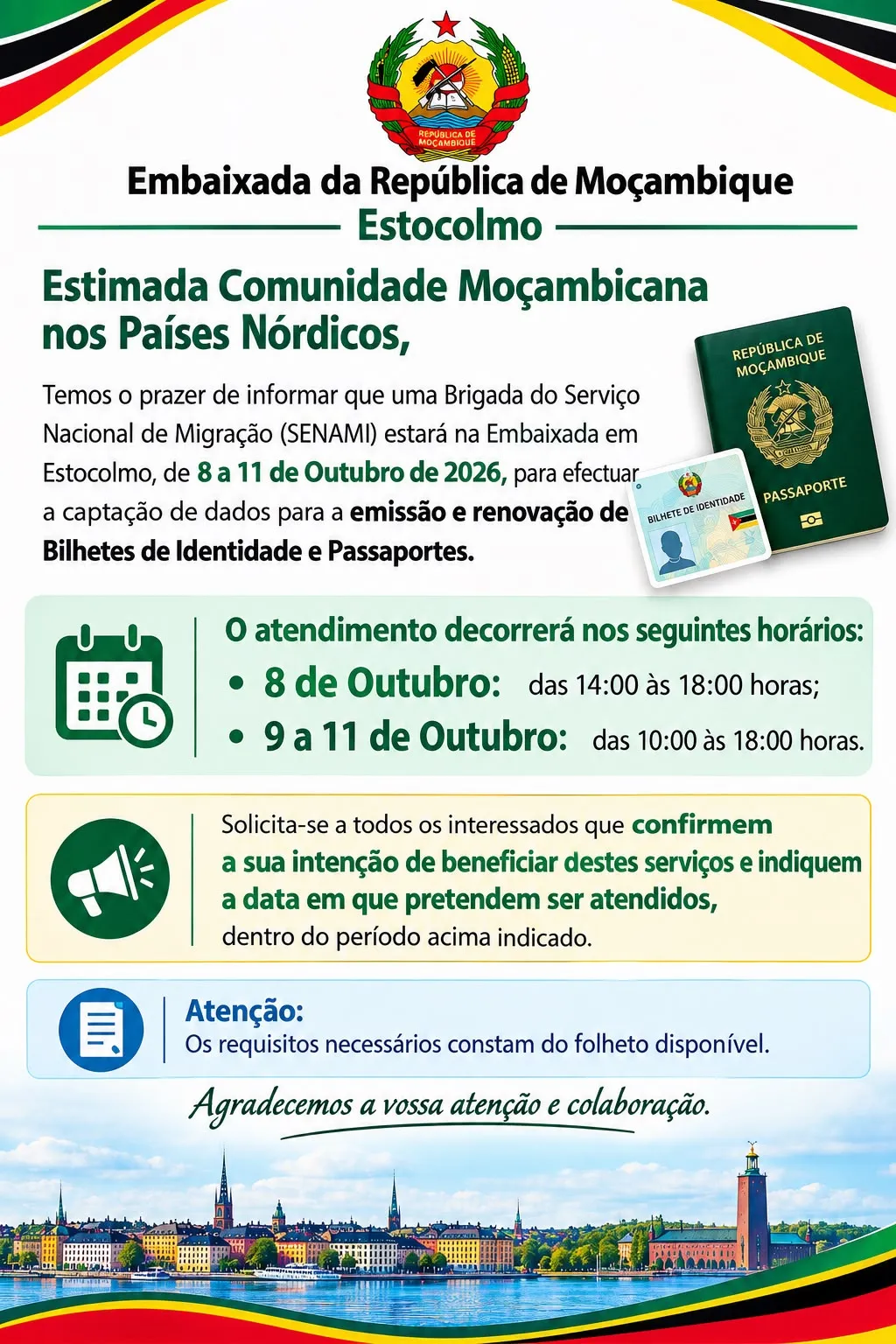 Cartaz: Brigada do SENAMI na Embaixada em Estocolmo, 8 a 11 de Outubro de 2026