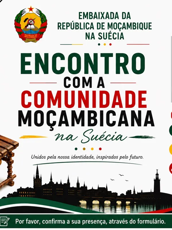 Cartaz: Encontro com a Comunidade Moçambicana na Suécia, 5 de Setembro de 2026